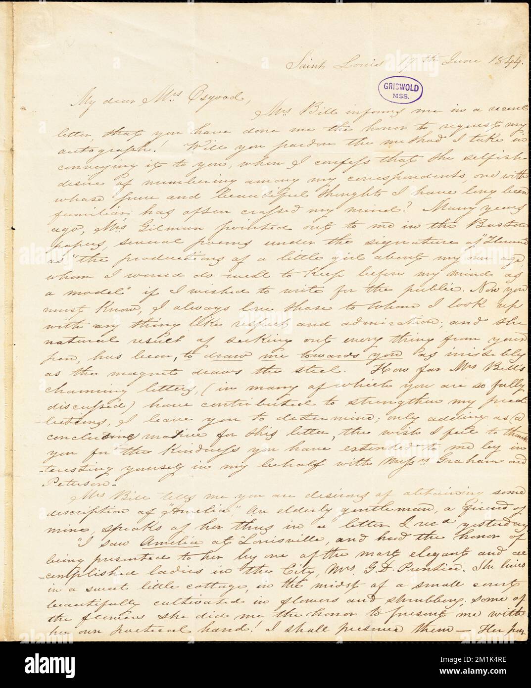 Anna Peyre (Shackleford) Dinnies, St. Louis, MO., autograph letter signed to Frances Sargent (Locke) Osgood, 19 June 1844 , American literature, 19th century, History and criticism, Authors, American, 19th century, Correspondence, Authors and publishers, Poets, American, 19th century, Correspondence. Rufus W. Griswold Papers Stock Photo