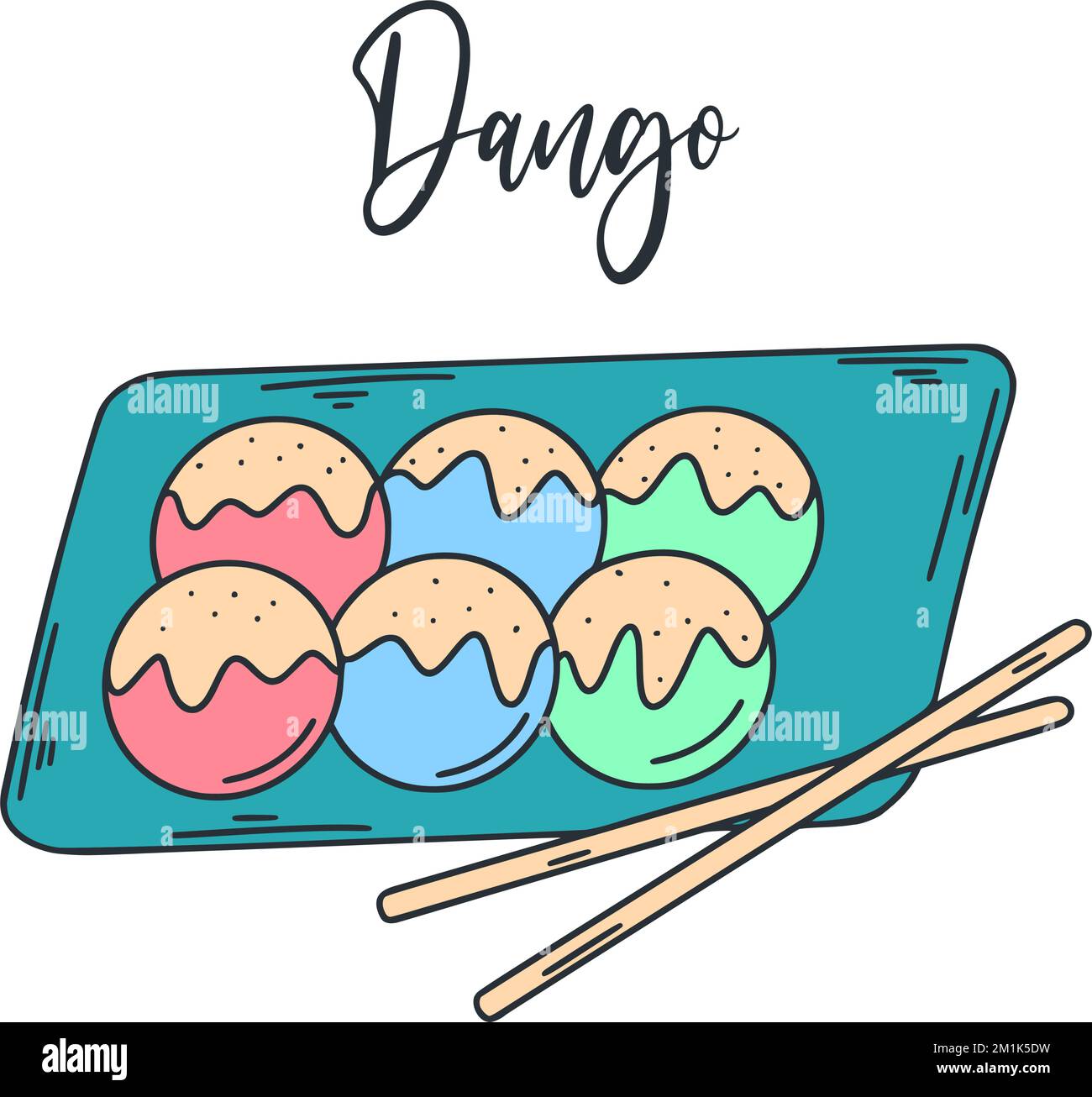 Dish of Japanese cuisine dango clip art. Asian food vector illustration. Dessert sweet dumplings with sauce Stock Vector