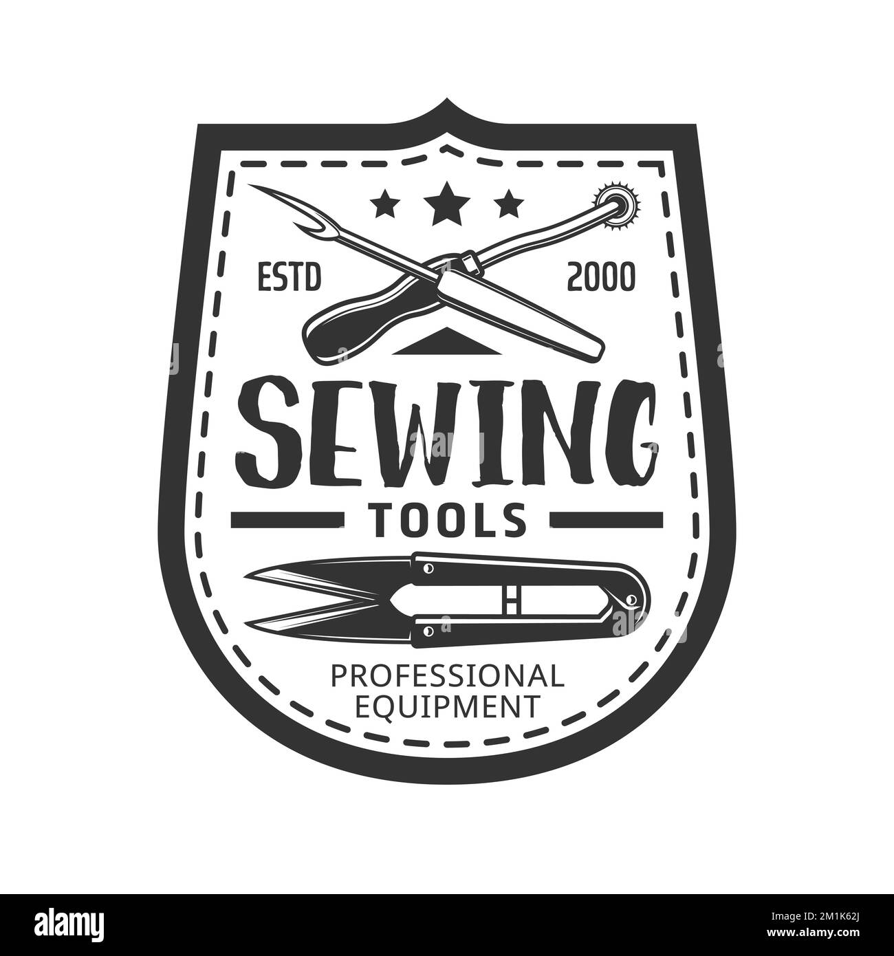 Sewing tools icon or retro symbol with scissors, seam ripper or thread cutter, leather pattern tracing wheel. Tailor or dressmaker tools shop or store vector badge or monochrome icon Stock Vector