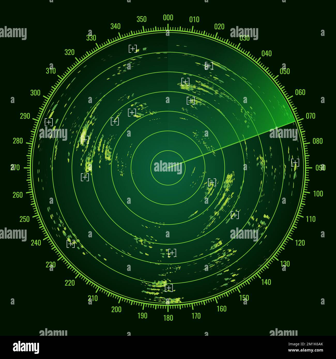 Ship radar screen military sonar monitor, army target detection system vector display, NAVY submarine visual control and search dashboard or airplane navigation interface with signal green blips Stock Vector
