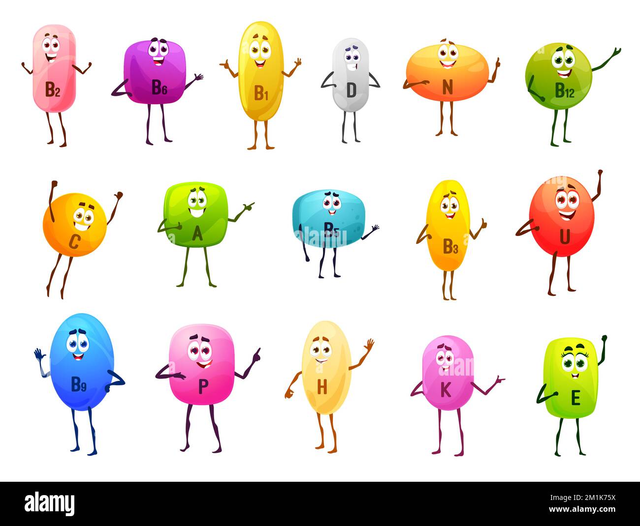 Cheerful vitamin characters, cartoon colorful pills, capsules, dragee personages rejoice, waving hands, jump and greeting gestures. Friendly happy drugs, medicine elements for treatment, fun emoji Stock Vector