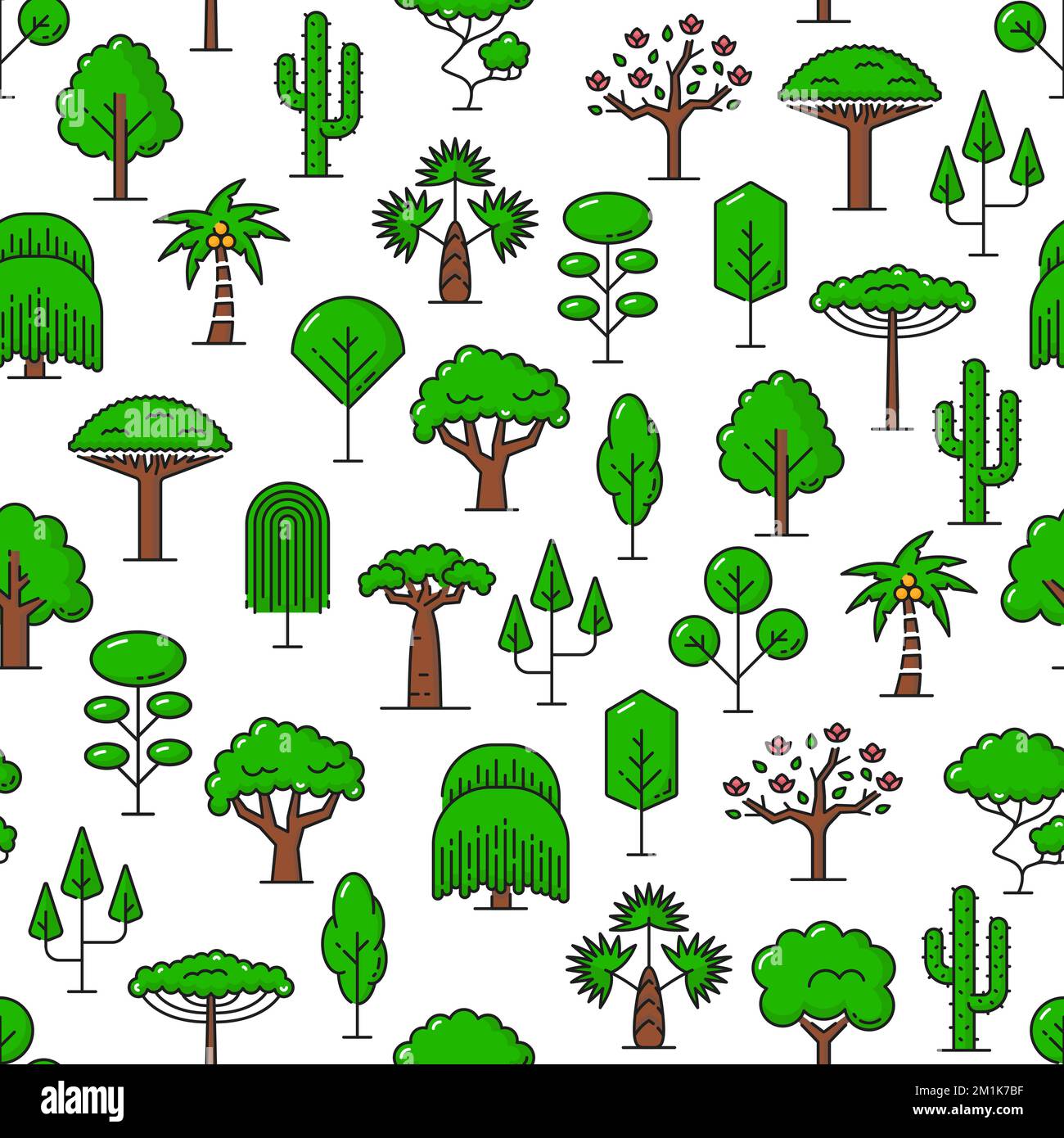 Green tropical trees. Jungle, forest and park trees seamless pattern
