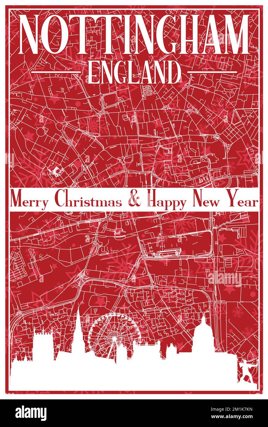 Christmas postcard of the downtown NOTTINGHAM, ENGLAND Stock Vector