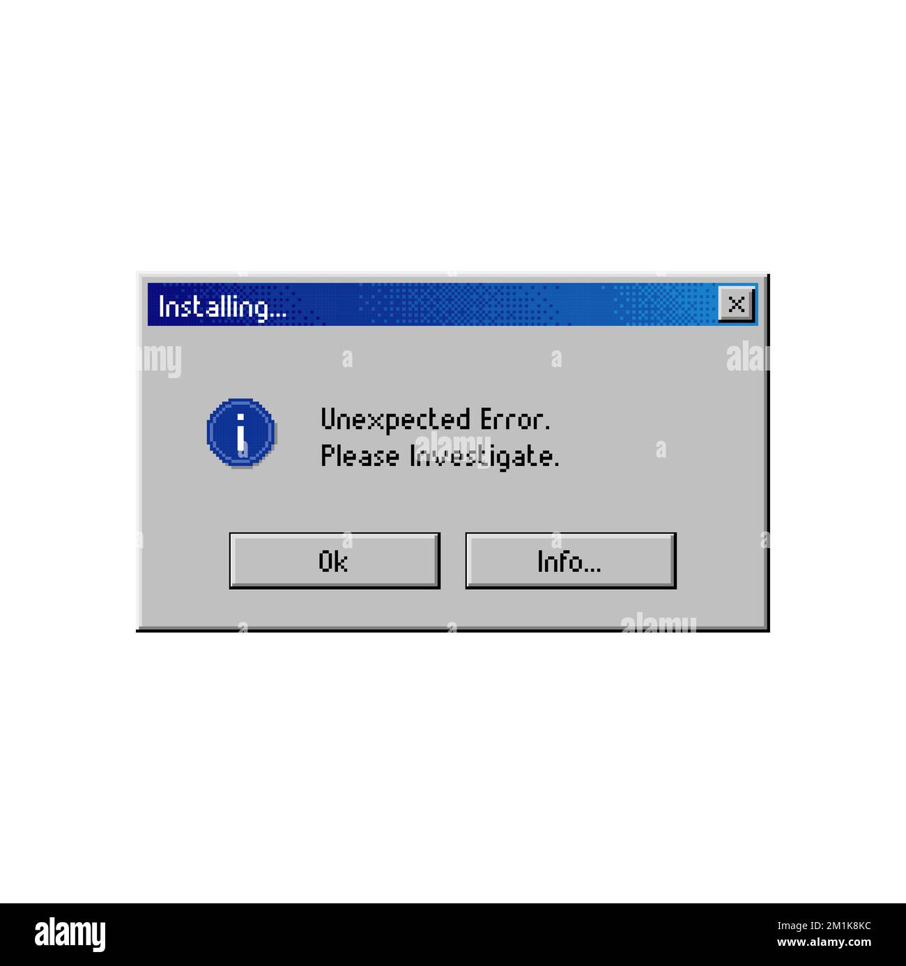 Error pop up window, computer message with unexpected error on installing, vector retro tab. Unexpected error message window of internet or PC installation with buttons, browser alert interface Stock Vector