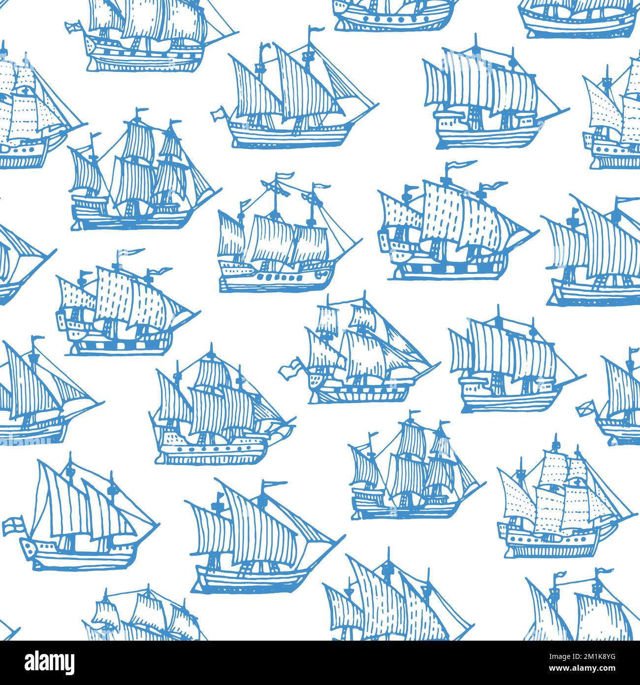 Sail ship, corvette, frigate and brigantine seamless pattern. Vintage vector sketch ornament with nautical boats with flags. Sea vessels, engraved blue galleons on white background, tile, wallpaper Stock Vector