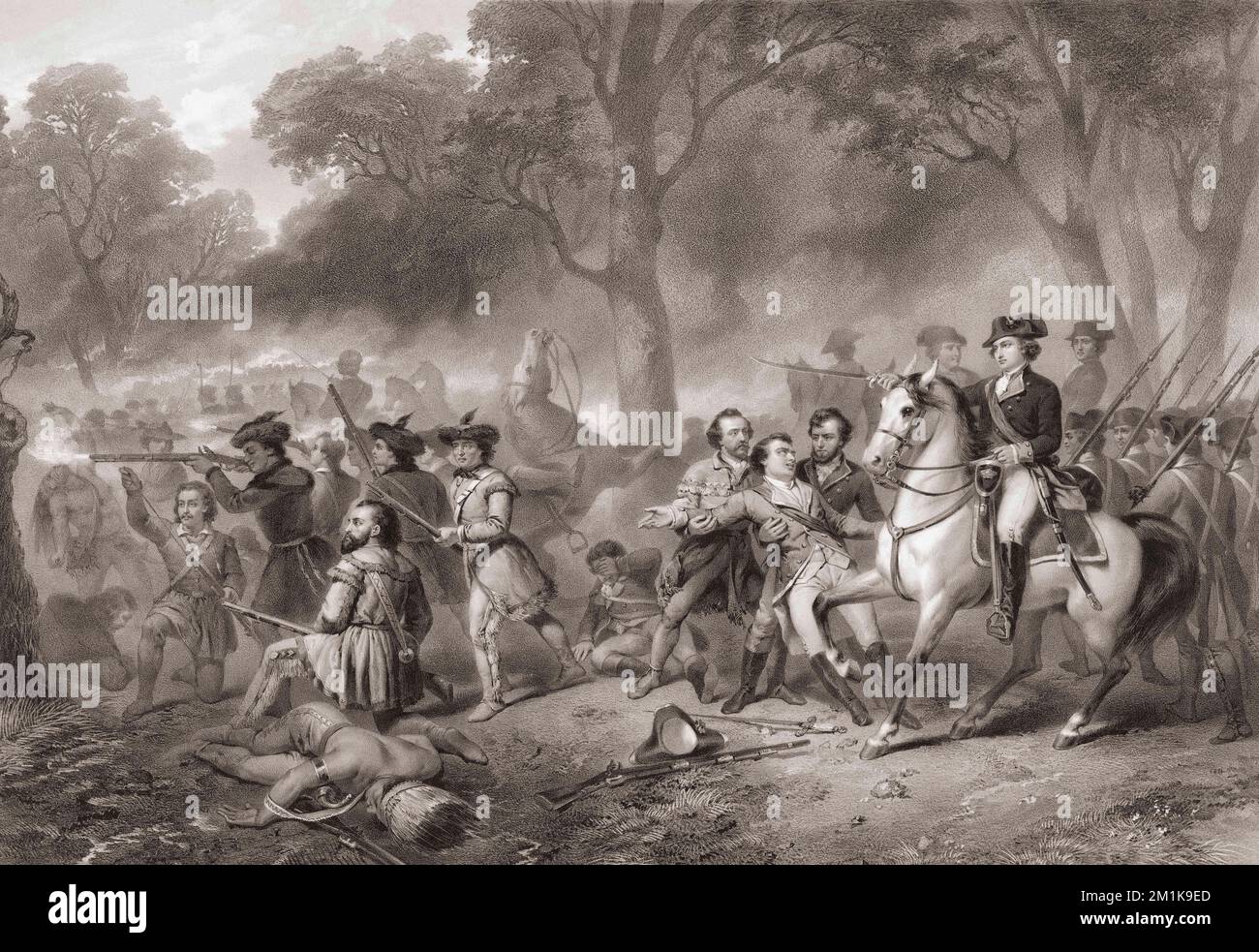 George Washington at the Battle of the Monongahela, July 9, 1755, during the French and Indian War, when Colonel Washington was under the command of British General Edward Braddock.  The British and American British forces were heavily defeated by the French and their Native American allies.  From a print by Claude Régnier after the painting by Junius Brutus Stearns Stock Photo