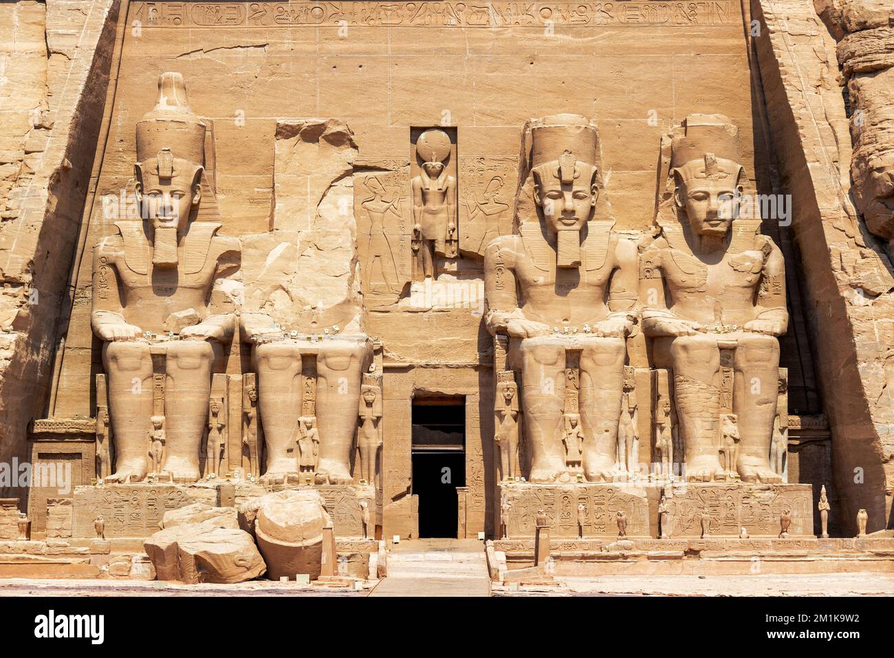 Closeup view of the statues outside the temple of Abu Simbel, Egypt Stock Photo