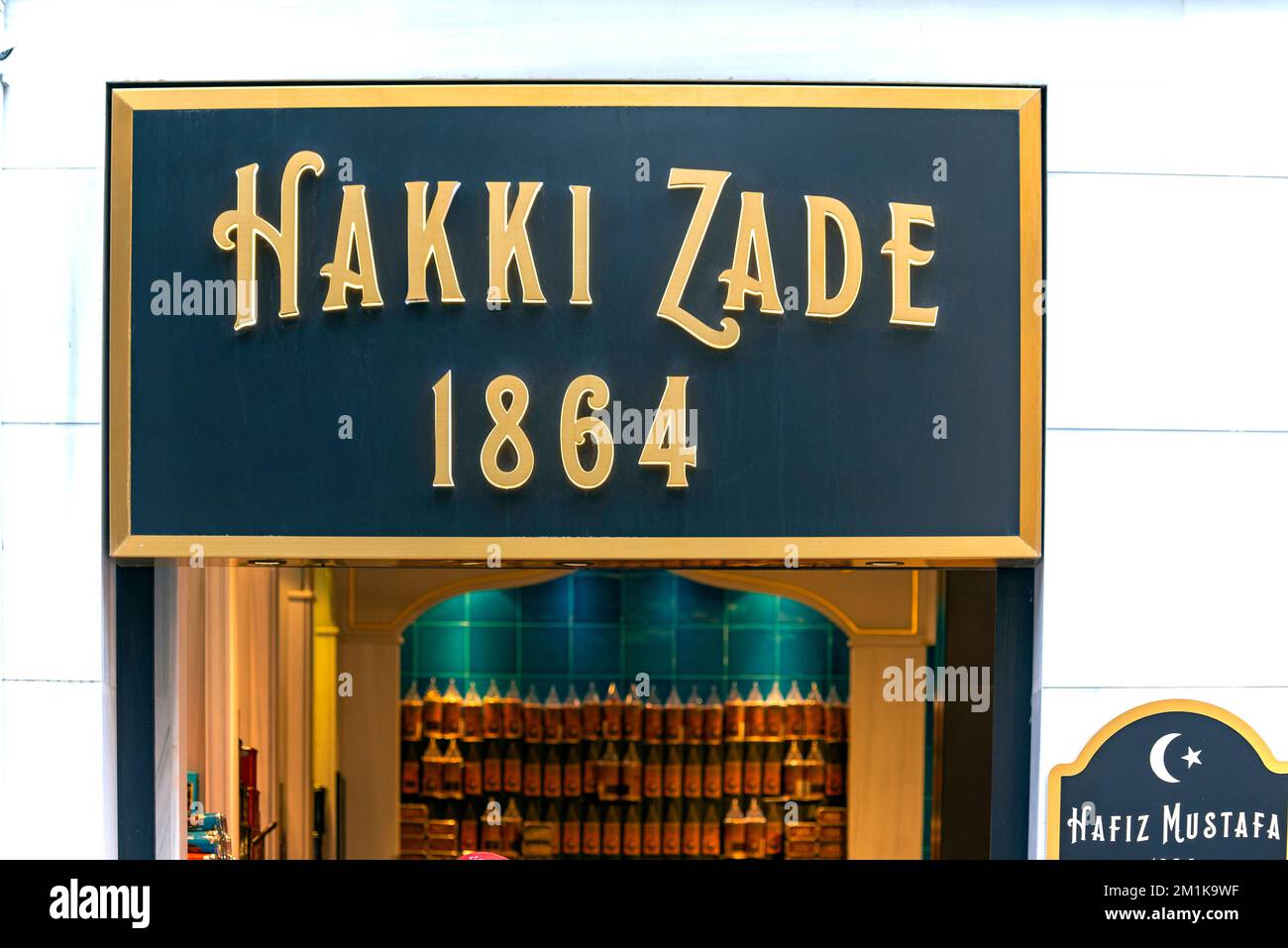 ISTANBUL - JAN 05: Signboard of the Hakki Zade and Hafiz Mustafa Confectionery in Istanbul, on January 05. 2021 in Turkey.  It is a  famous historical Stock Photo