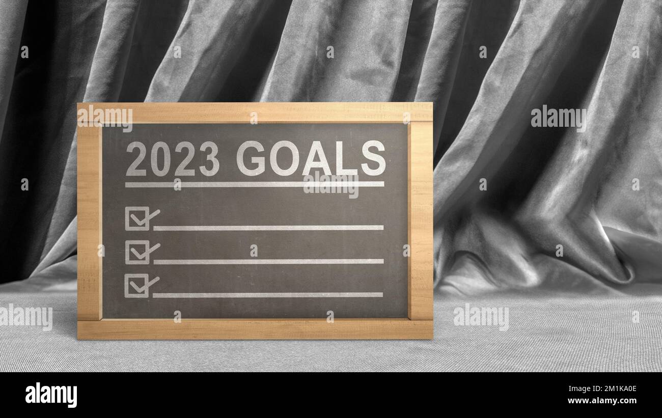 The 2023 goal list is on the little blackboard. Goals of 2023. Happy New Year 2023 Stock Photo