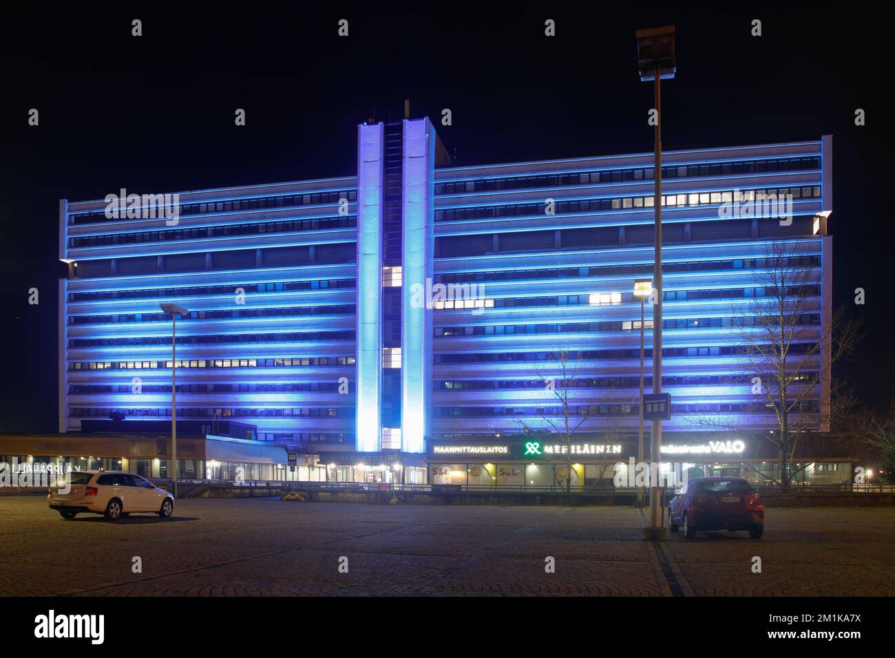 Kouvola, Finland - 23 January 2022: Night view of beautiful building Pohjolatalo in city Kouvola, Finland. Stock Photo