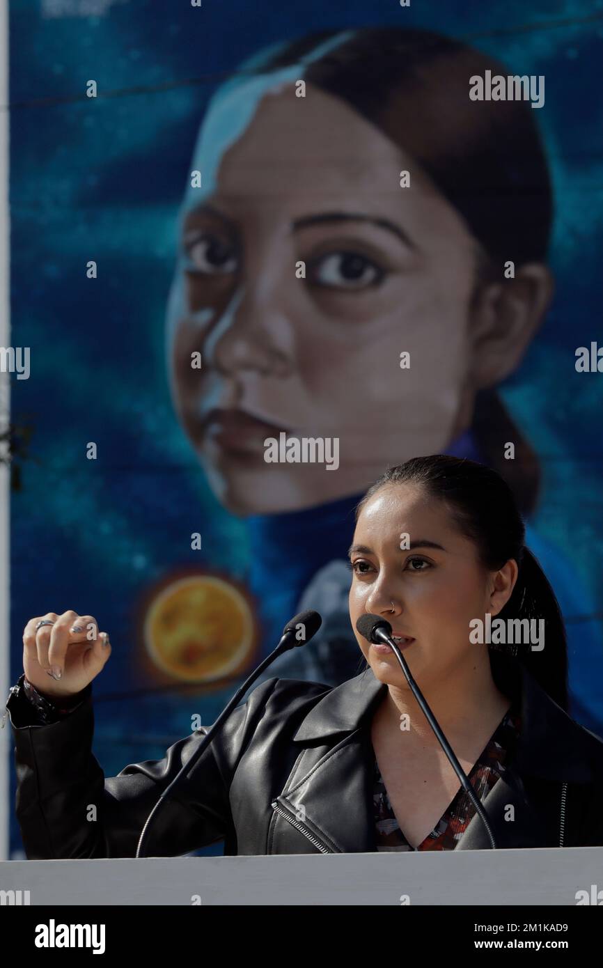 Mexico City, Mexico. 12th Dec, 2022. Katya Echazarreta, the first Mexican woman to travel to space in June 2022 on the Blue Origin NS-21 mission aboard NASA's New Shepard spacecraft, during the unveiling of a mural in her honour located on the facade of a building in front of the Utopia Barco in Iztapalapa, Mexico City. (Photo by Gerardo Vieyra/NurPhoto)0 Credit: NurPhoto/Alamy Live News Stock Photo