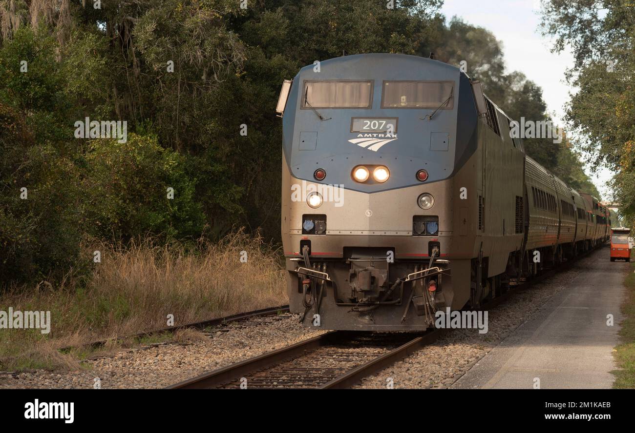 DeLand Florida USA. 2022. An Amtrak passenger train arriving at DeLand