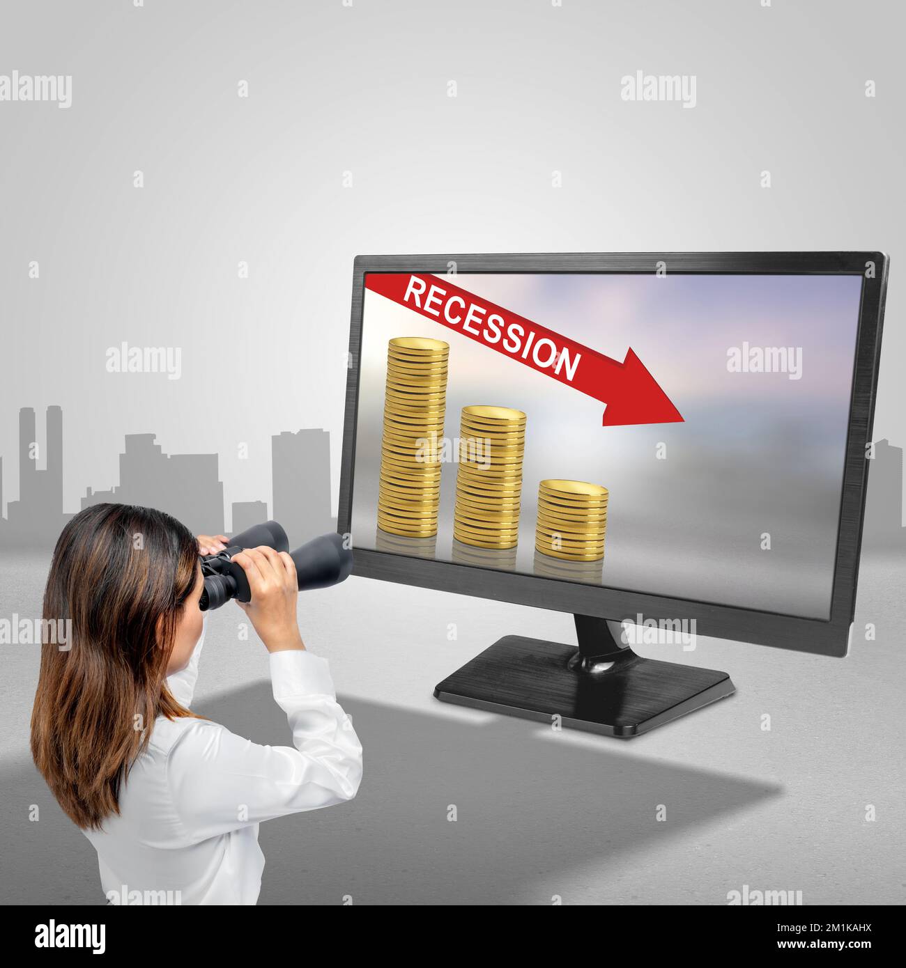 Recession Example Asia Asian businesswomen with binoculars looking at decreasing coin graphs ...
