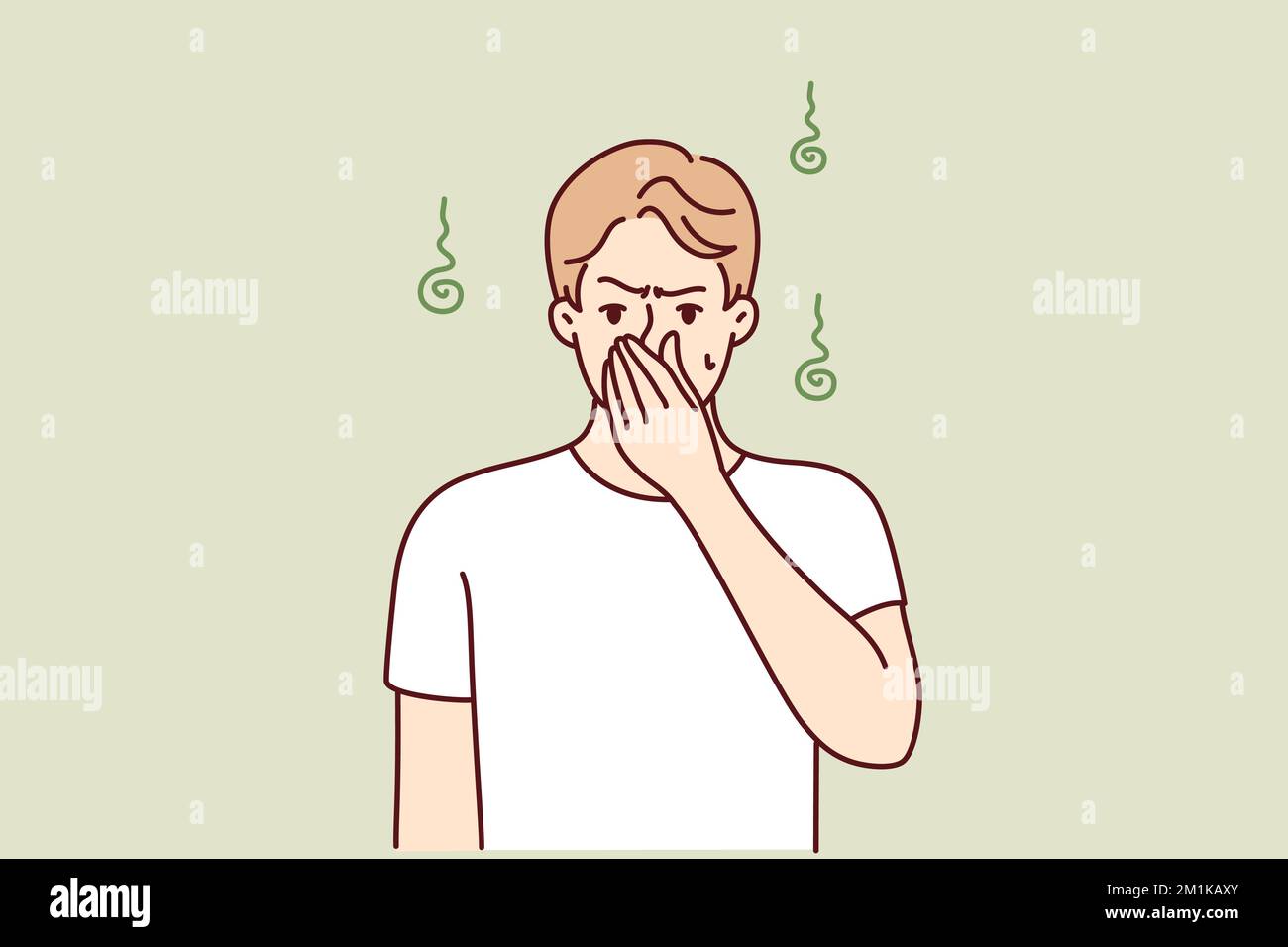 Dissatisfied man pinching nose with hand while suffering from unpleasant smell sweat. Guy is experiencing discomfort due to non-compliance with hygiene standards or health problems. Flat vector image Stock Vector