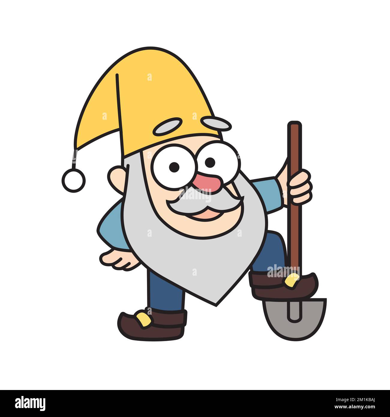 Cheerful little garden gnome, dwarf, oldman, gardener is holding a shovel in cartoon style. Colorful vector fairytale kids illustration, drawing character, mascot, sticker Stock Vector