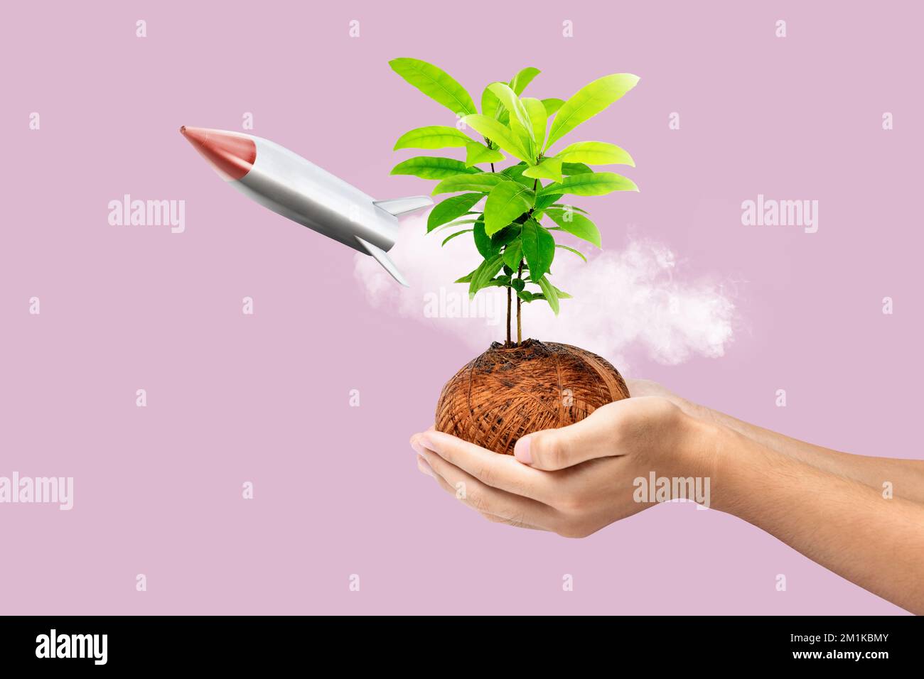 Human hand holding a growing leaf with a flying rocket on a colored background. National Science Day Stock Photo