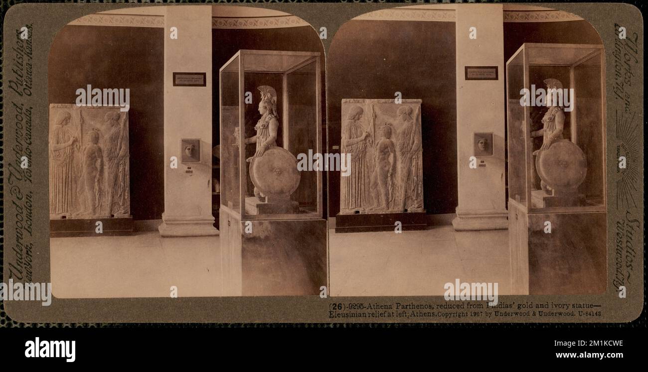 Athena Parthenos, reduced from Phidias' gold and ivory statue Eleusinian relief at left