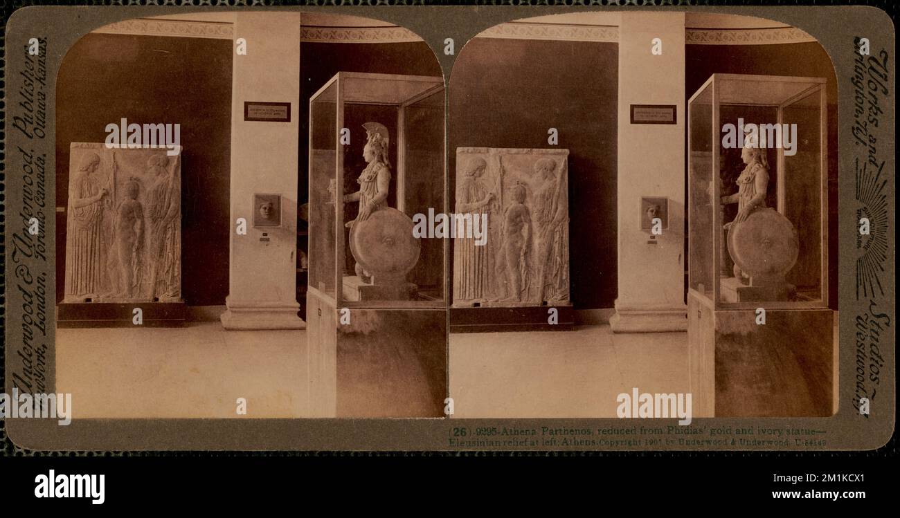 Athena Parthenos, reduced from Phidias' gold and ivory statue Eleusinian relief at left