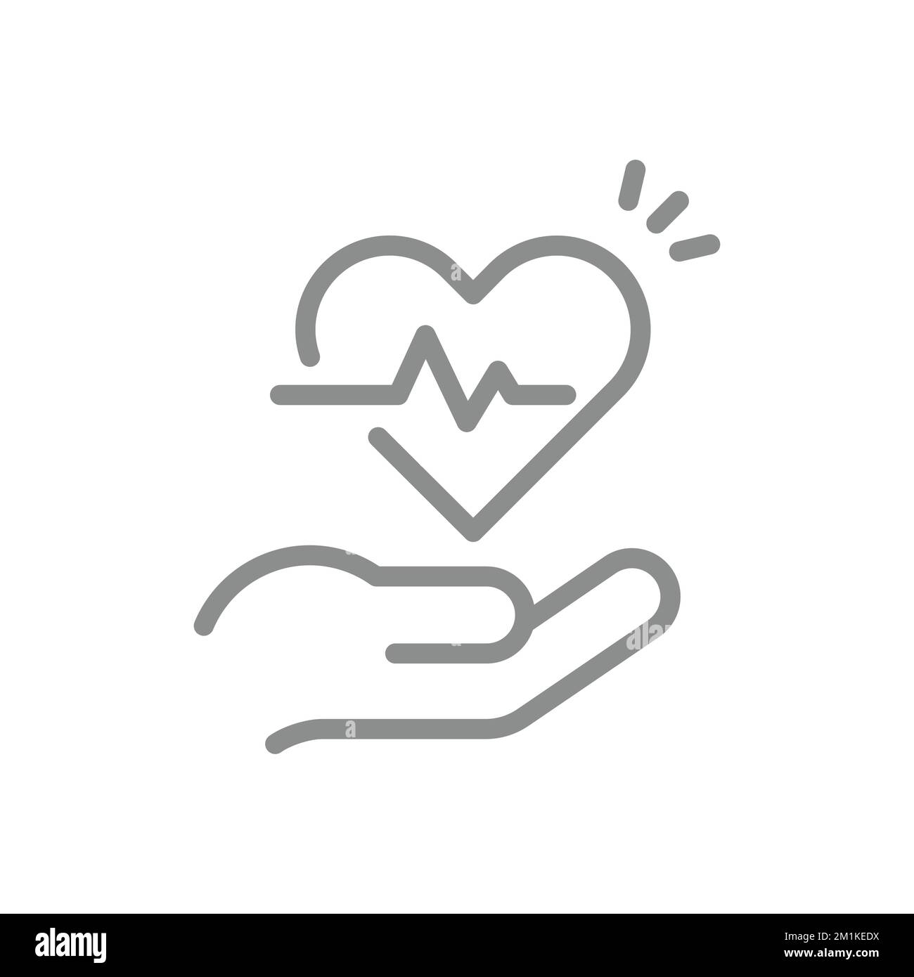 Medical care, health insurance line icon. Hand, heart and heartbeat or ecg outlined symbol. Stock Vector