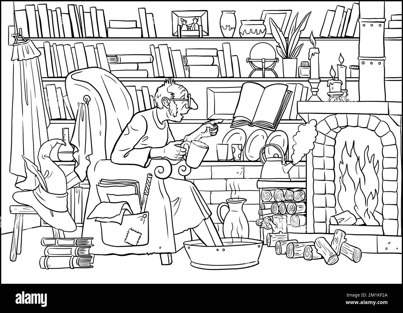 Good wizard in his library. Bookworm in front of the fireplace. Coloring page with the magician. Stock Photo