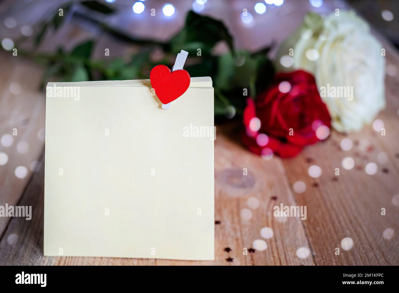 White and red roses on wooden table background with copy space Stock ...