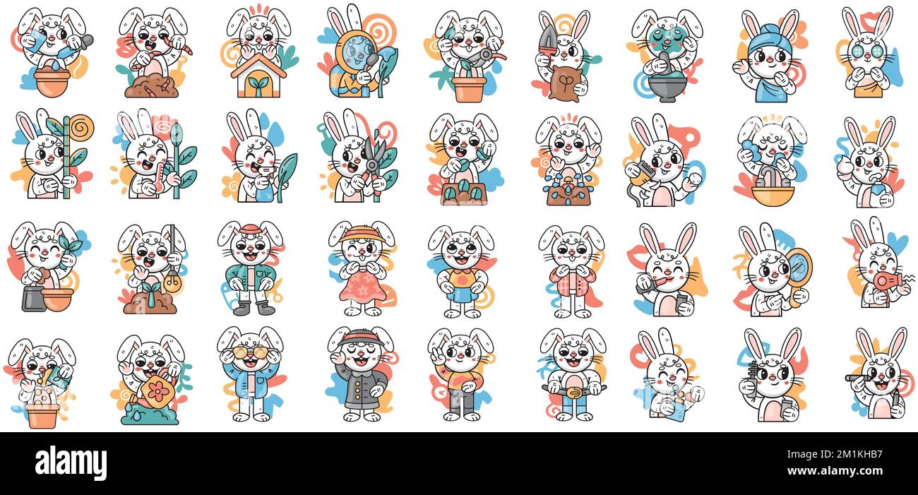 A digital illustration of a set of a cute adorable rabbit character ...