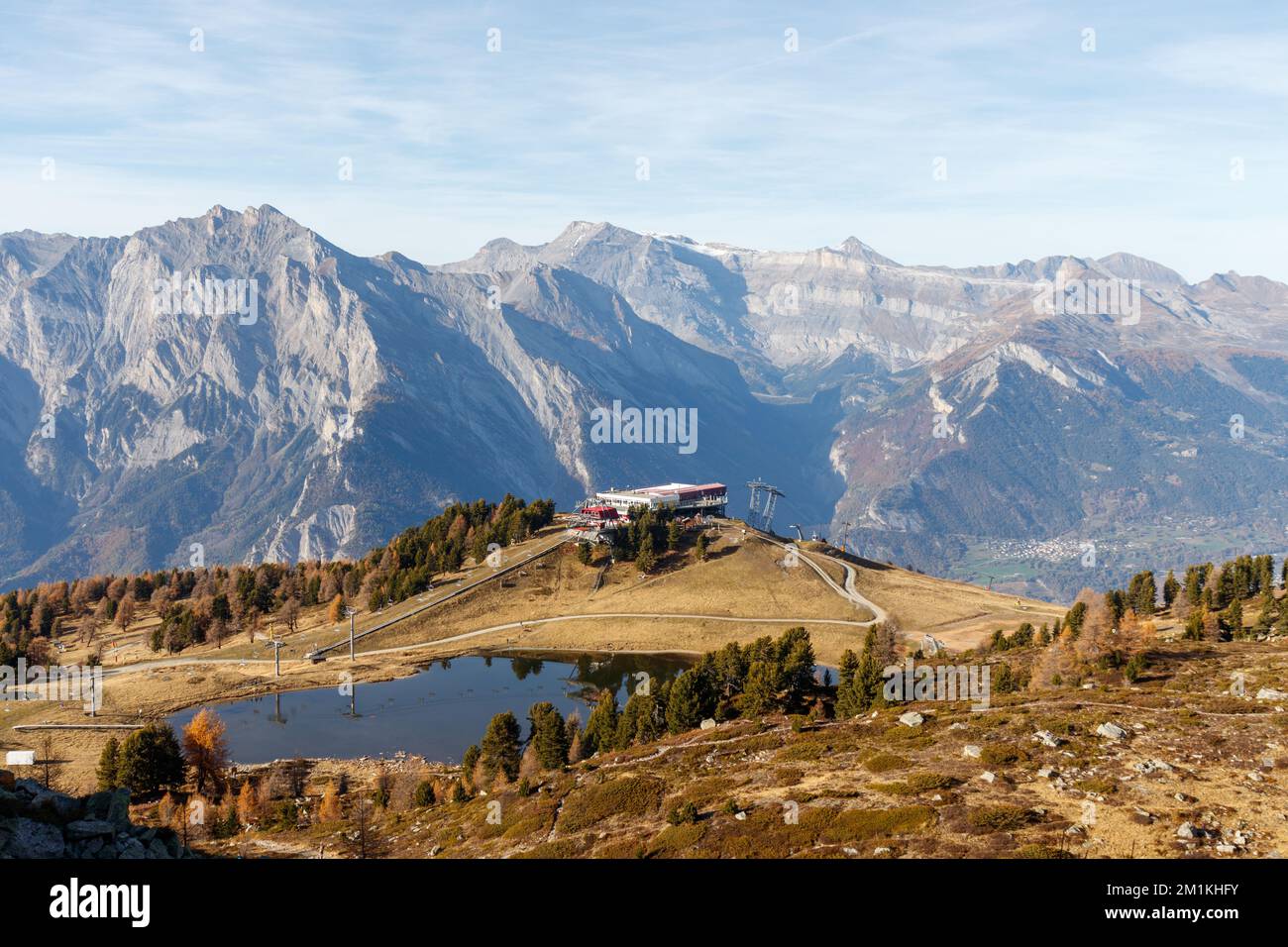 Lac de Tracouet with cable car station in Nendaz switzerland canton valais Stock Photo