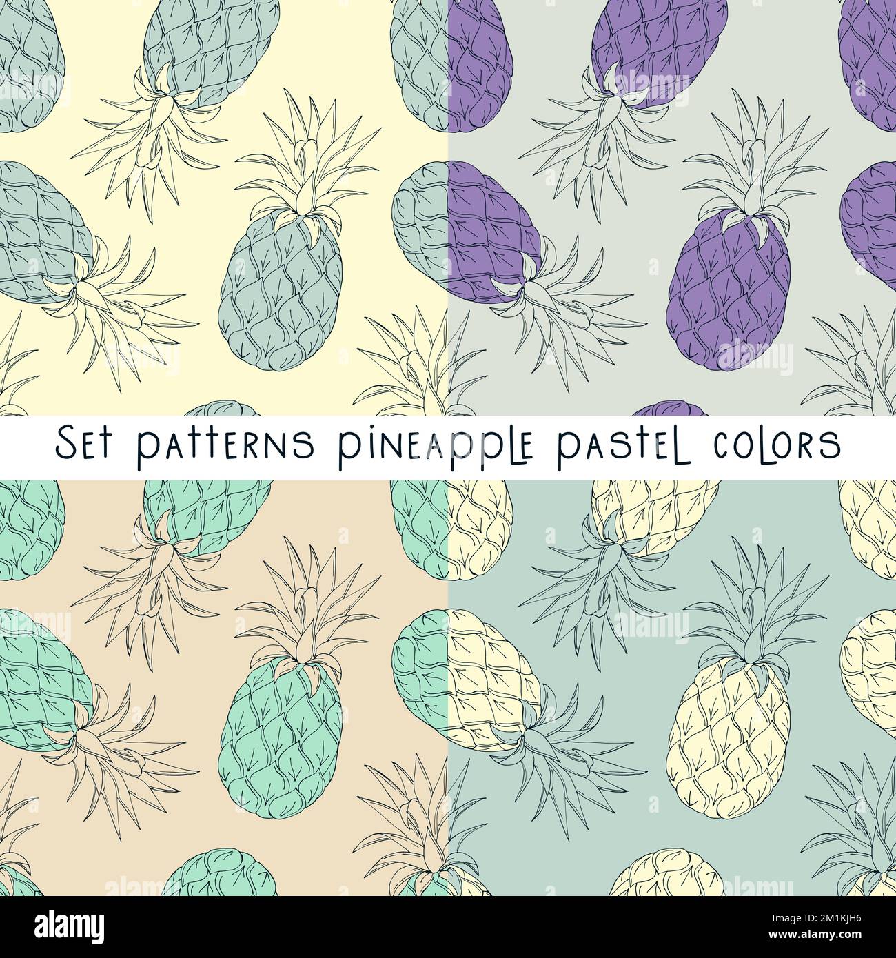Set patterns with doodle pineapples in pastel colors. Vector illustration Stock Vector
