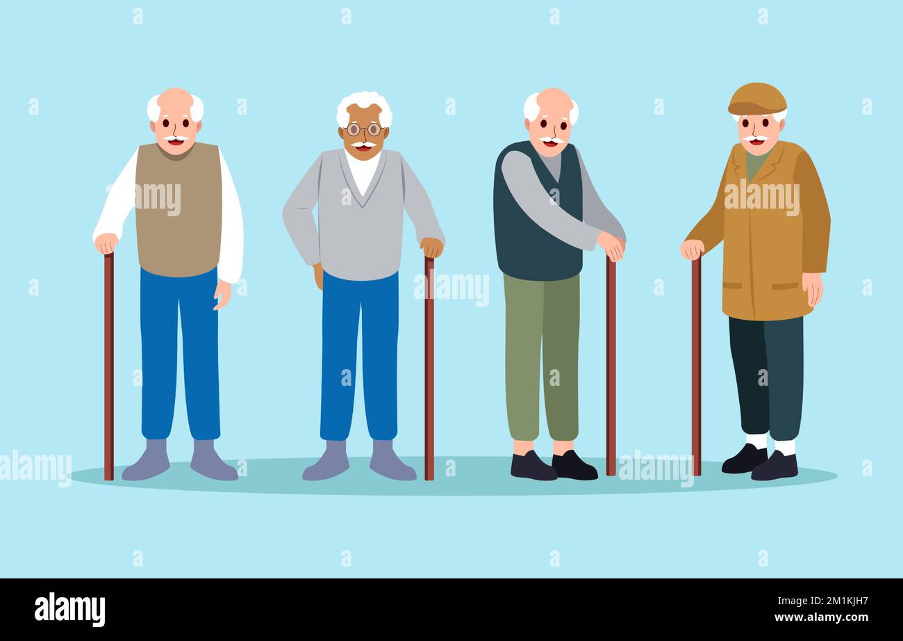 Old humpbacked people with cane . Cartoon characters design . Vector . Stock Vector