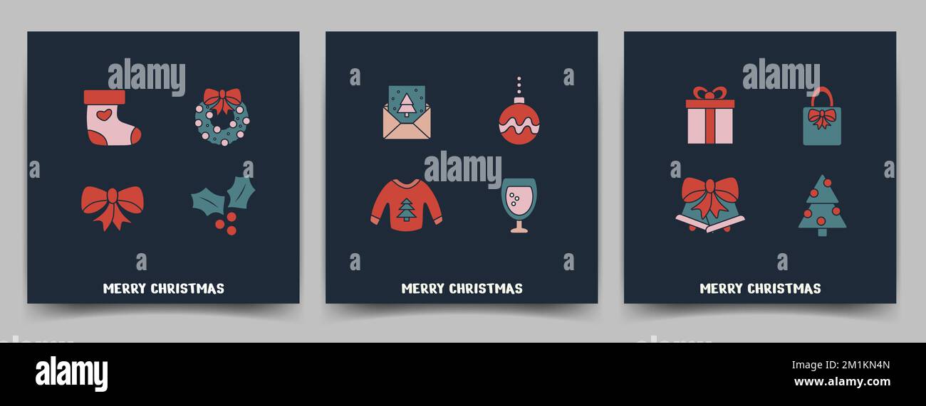 Holiday greeting cards Merry Christmas on dark background. Icon templates with elements, sock, bow, wine, sweater, bells and text. Vector illustration Stock Vector