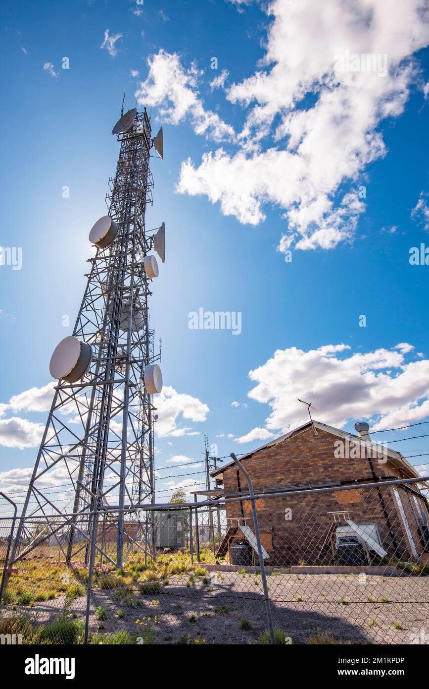 Telecommunications, microwave dishes and satellite stations at the top of Mount Oxley in outback New South Wales, Australia near Bourke Stock Photo