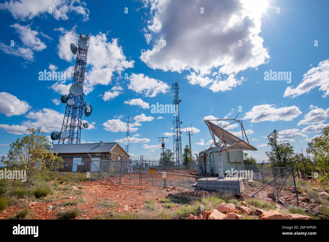 Telecommunications, microwave dishes and satellite stations at the top of Mount Oxley in outback New South Wales, Australia near Bourke Stock Photo