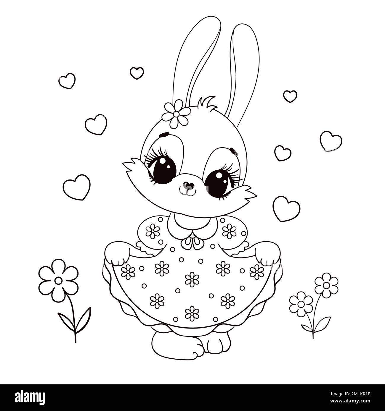 Cute bunny girl in a dress. Black and white linear drawing. Vector