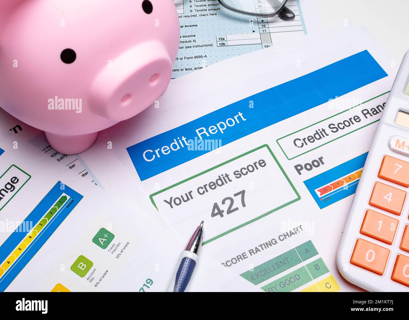 Bad credit report free and loan check score debt form document Stock