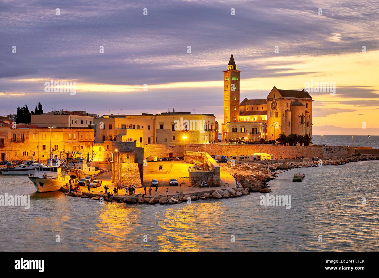 Apulia Puglia Italy. Trani. Basilica Cattedrale Beata Maria Vergine Assunta dedicated to Saint Nicholas at dusk Stock Photo