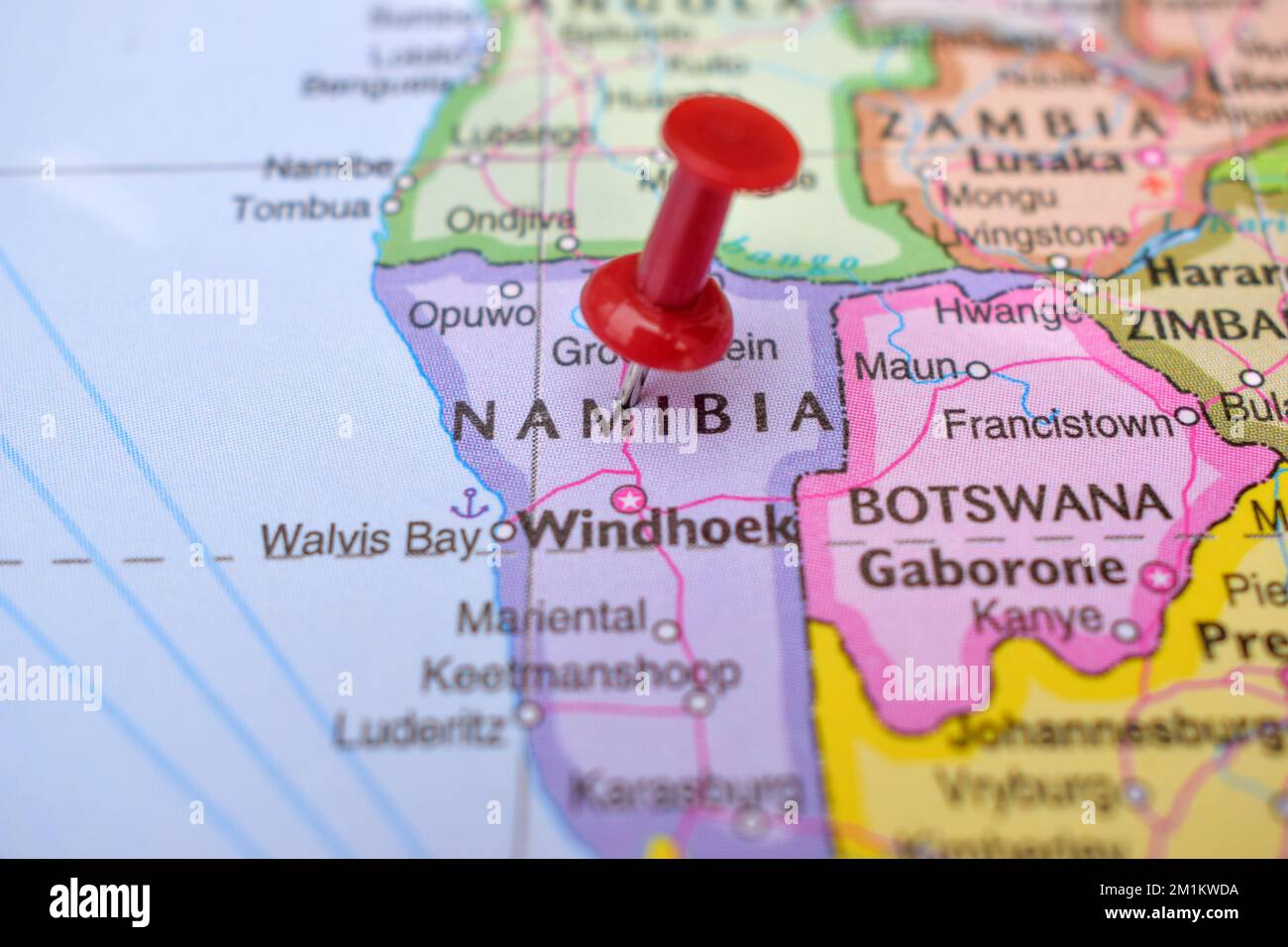 Red Push Pin Pointing On Location Of Namibia World Map Close Up View Red Push Pin Pointing On Location Of Namibia World Map Close Up View Stock Photograph 2M1KWDA