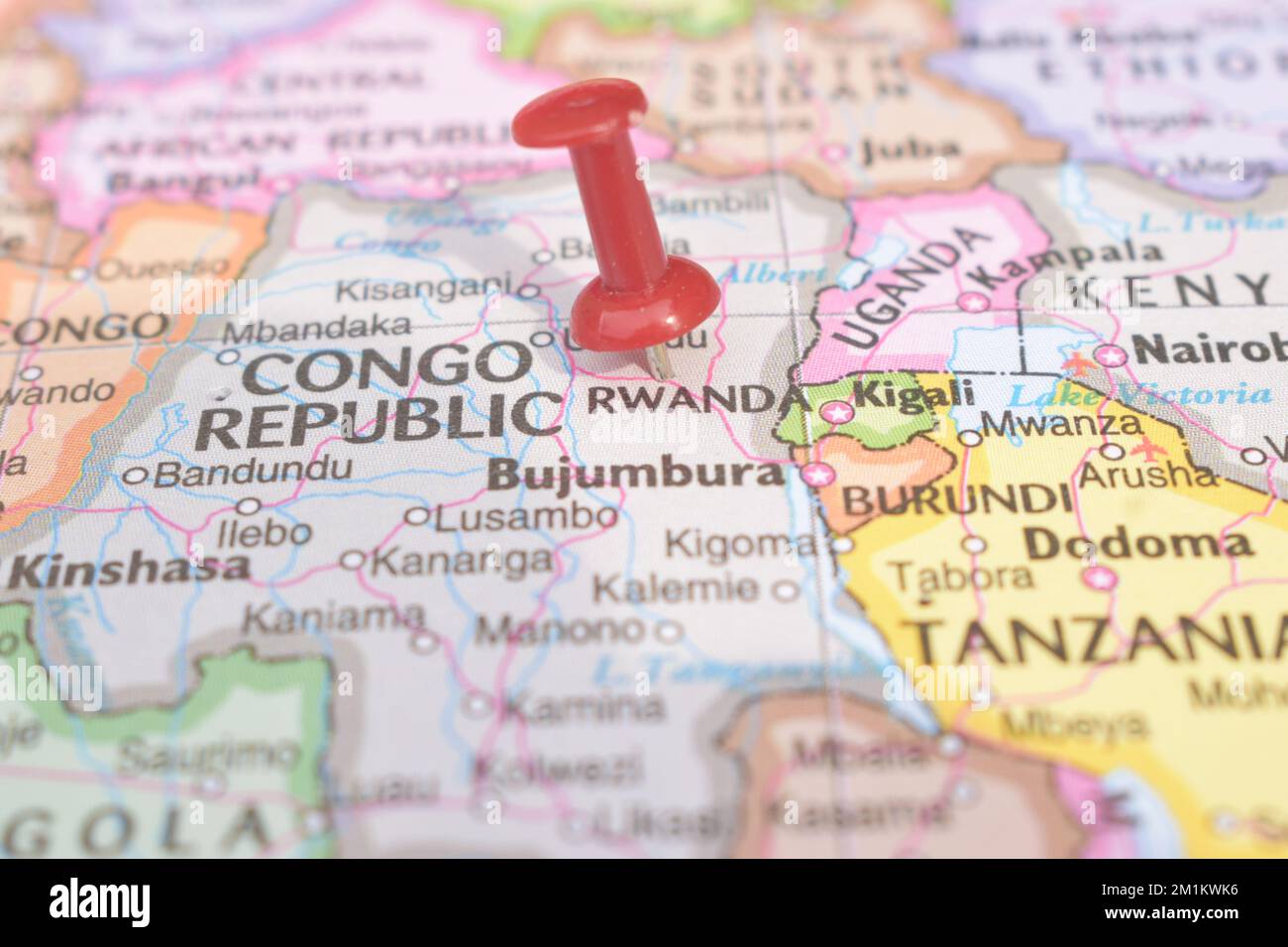 Red Push Pin Pointing On Location Of Rwanda World Map Close Up View Red Push Pin Pointing On Location Of Rwanda World Map Close Up View Stock Photograph 2M1KWK6