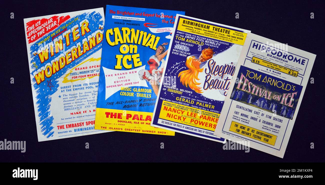 A collection of flyers advertising ice shows from the 1950's and 1960's era. Stock Photo