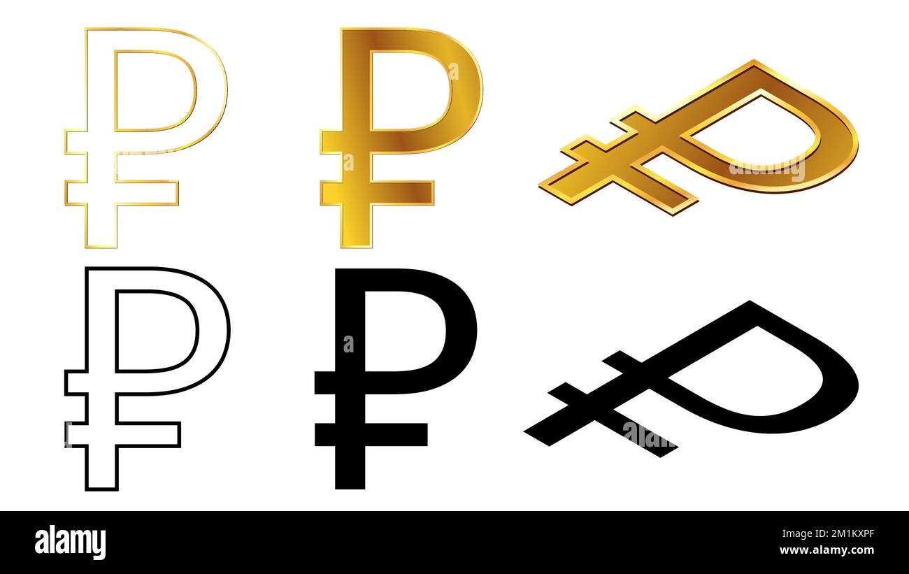 Russian ruble RUB currency golden signs, silhouette and outline