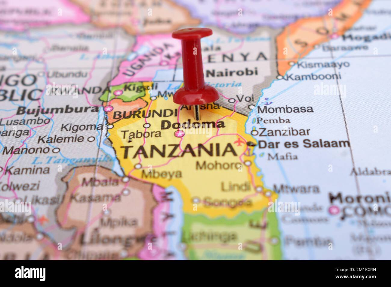 Red Push Pin Pointing on Location of Dodoma World Map Close-Up View Stock Photograph Stock Photo