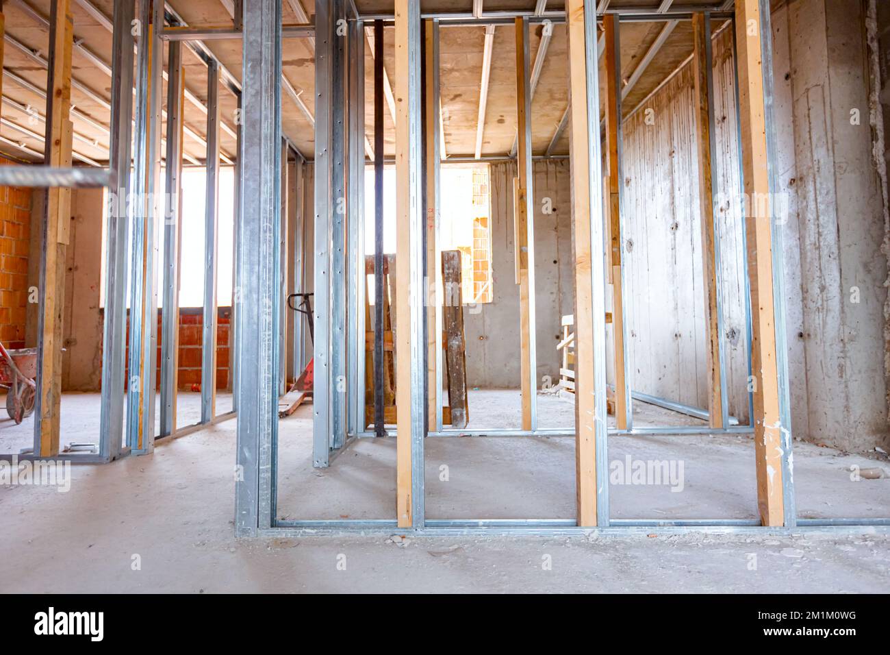 View at framework of metal and wooden vertical profile pillars for