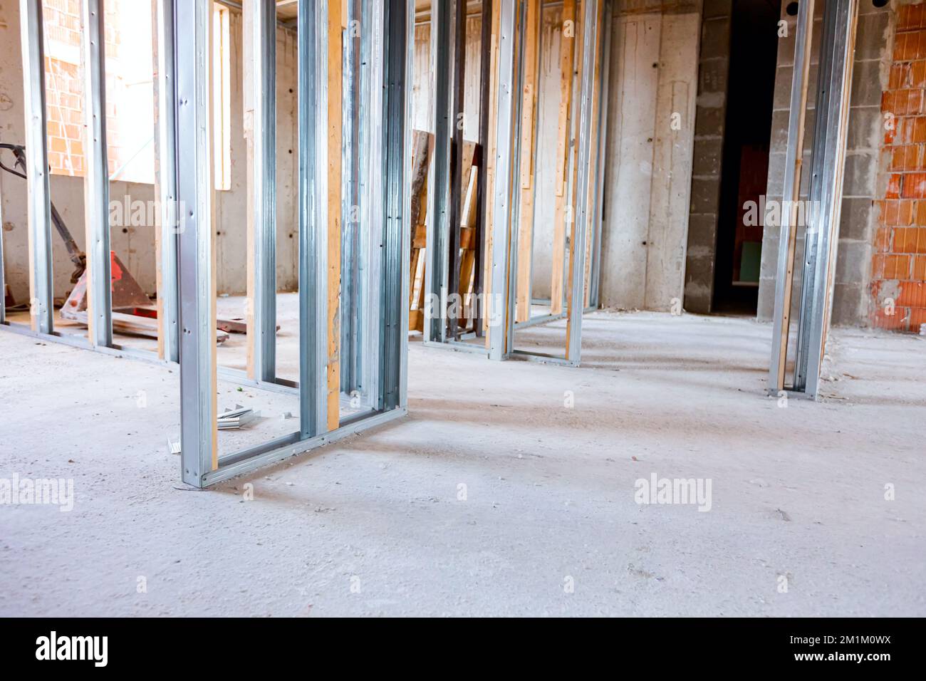 View at framework of metal and wooden vertical profile pillars for