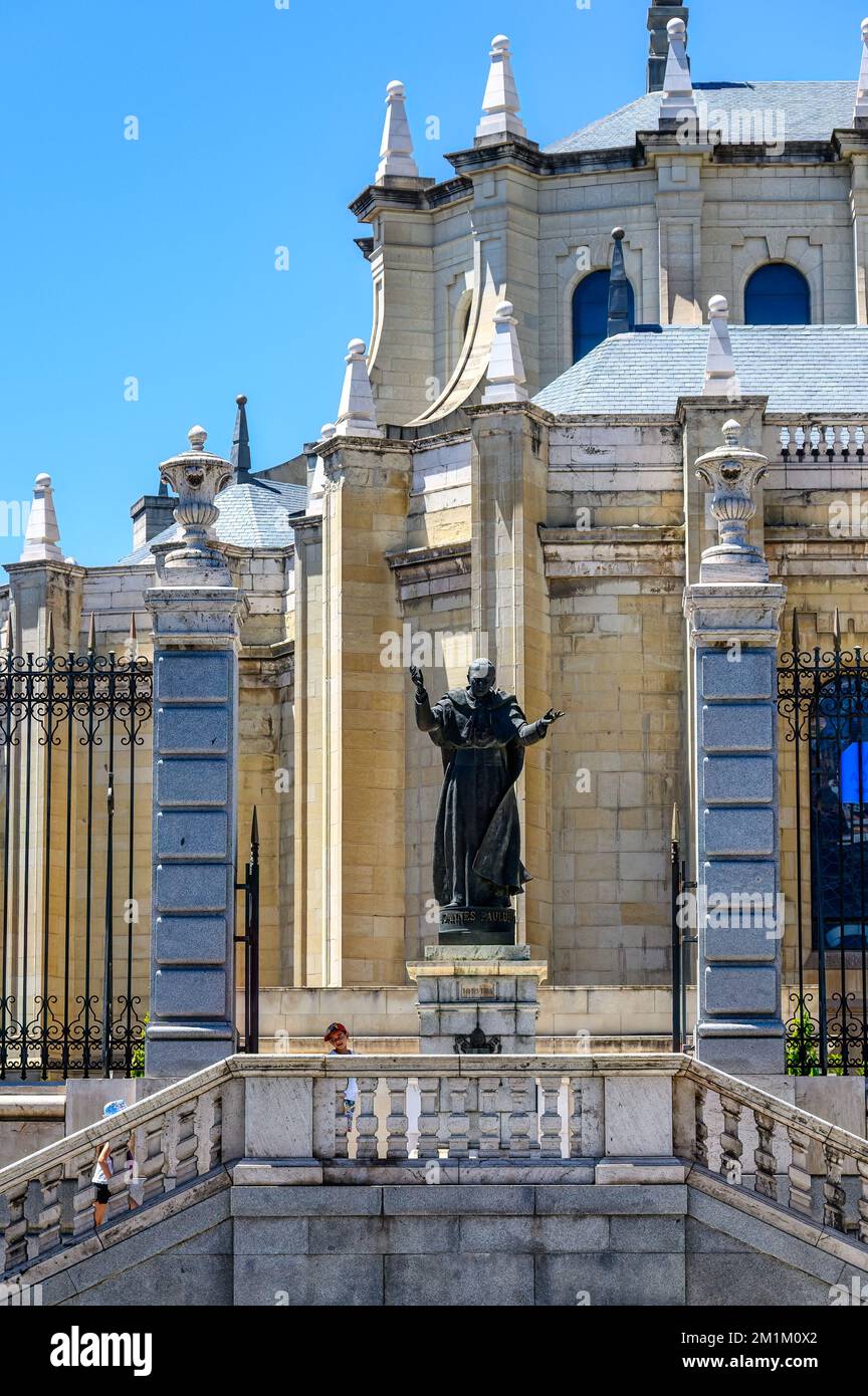 Pope John Paul II statue or sculpture outside the Almudena Cathedral. Stock Photo