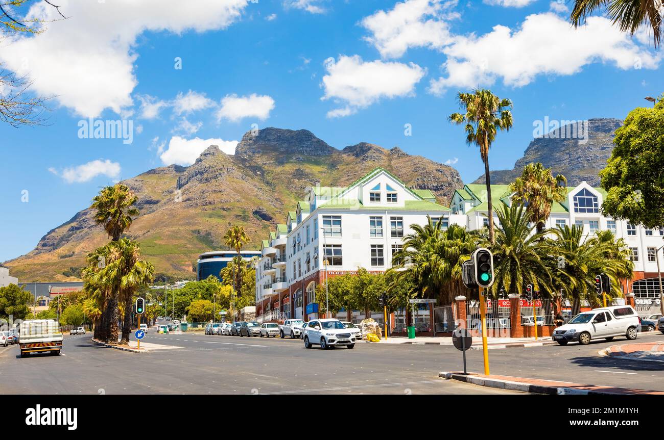Cape Town, South Africa - December 7, 2022: Street view of City buildings with Table Mountain in the background Stock Photo
