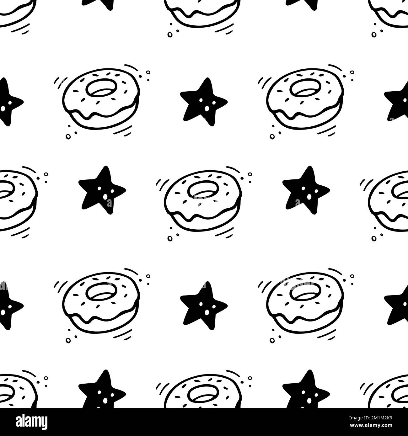 Doughnut seamless pattern. Hand drawn Sketch of doughnut. Fast food ...