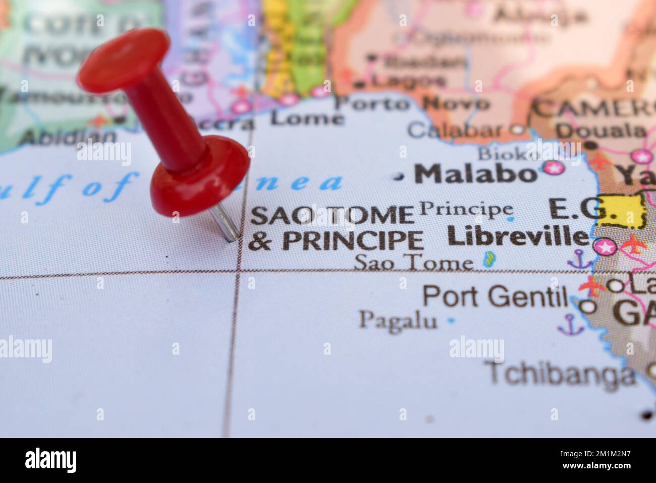 Red Push Pin Pointing on Location of Sao Tome & Principe World Map Close-Up View Stock Photograph Stock Photo