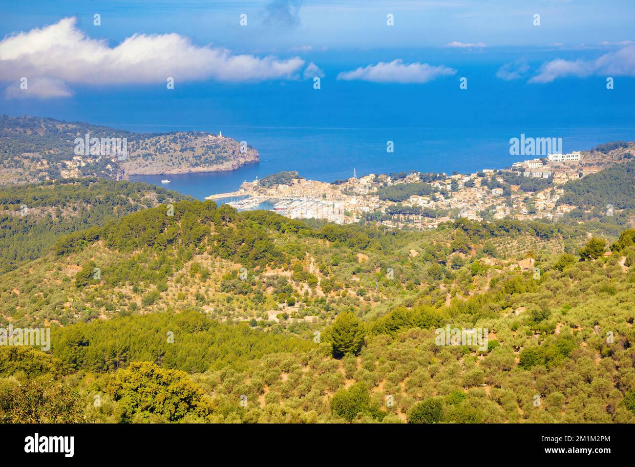 Panoramic aerial view of the bay of Sóller, seen from Miador de Ses Barques, Majorca Island, Spain Stock Photo