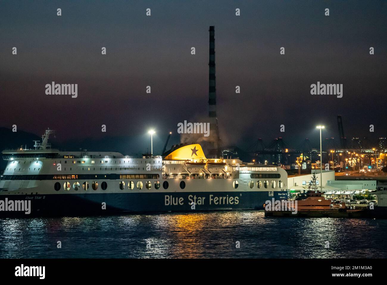 Athens Harbor at Night Stock Photo