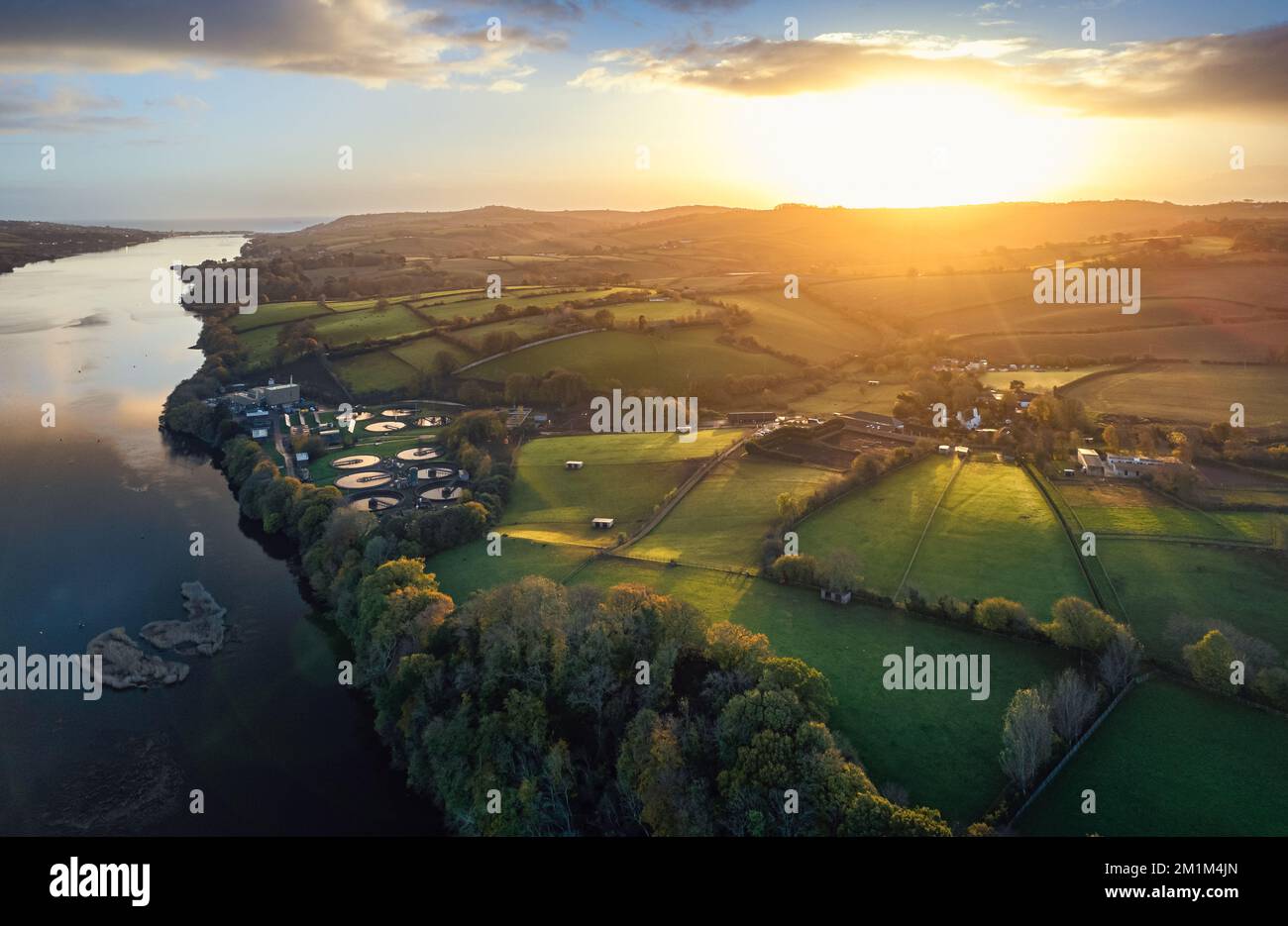 Sunrise over Newton Abbot and River Teign from a drone, Devon, England, Europe Stock Photo