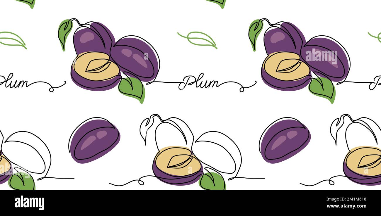 Plum vector pattern. One continuous line art drawing of plum pattern Stock Vector